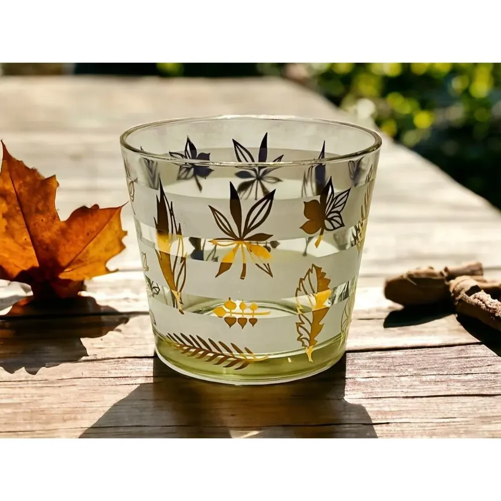 Vintage Glass Ice Bucket-Midcentury Leaf-Barware-Fall Decor-Retro Cocktail-Gold